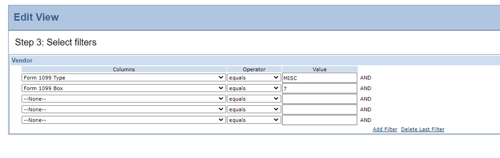 Intacct 1099 Select Filters