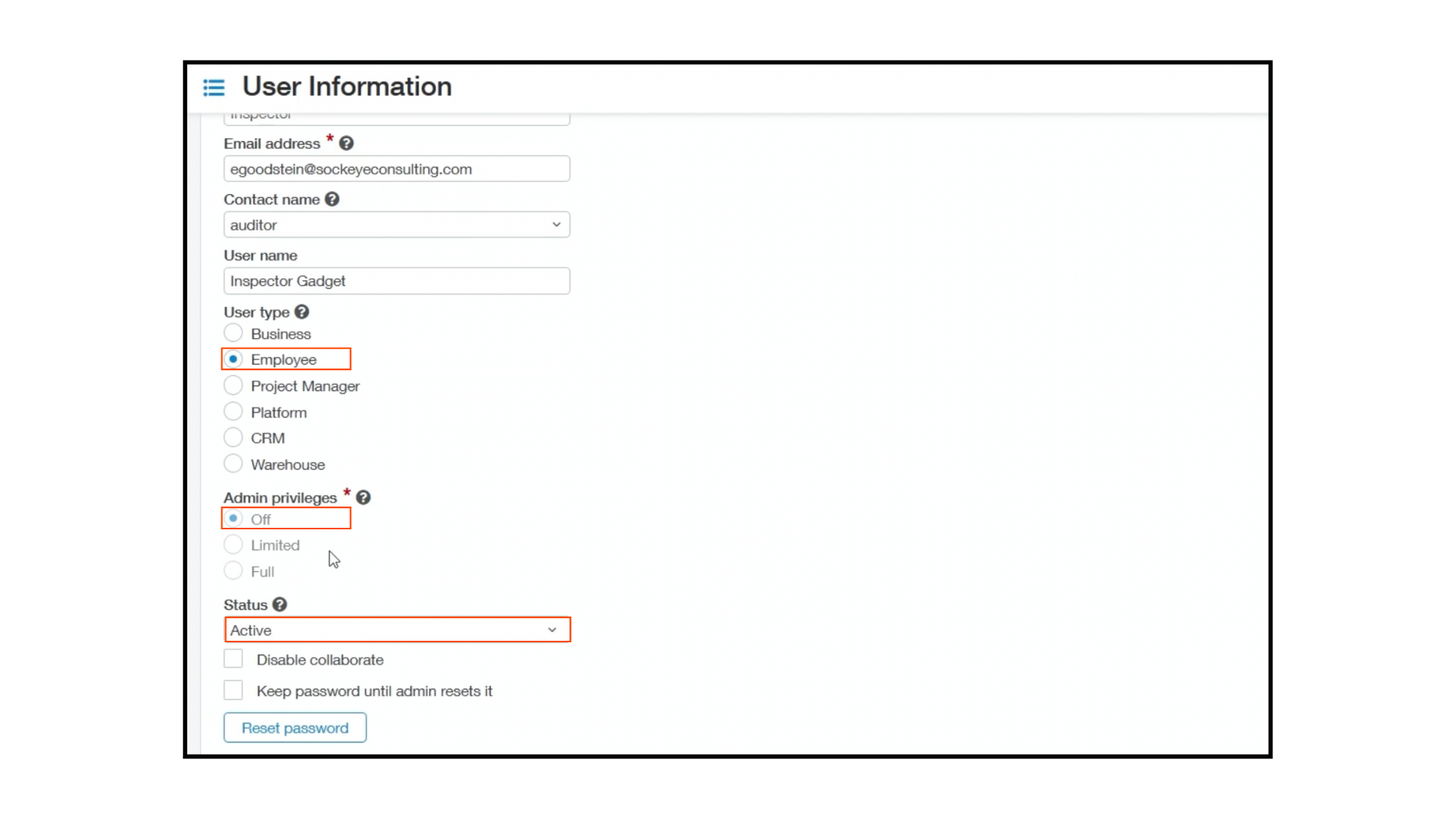 Auditor User Information in Sage Intacct