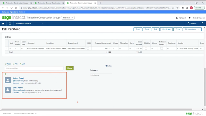 Sage Intacct Invoice messaging