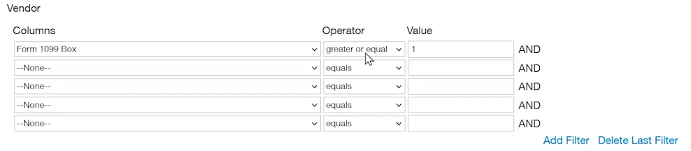 1099 filters sage intacct