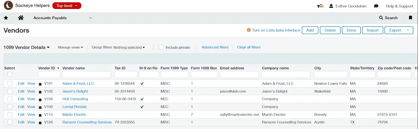 Vendor list in Sage Intacct